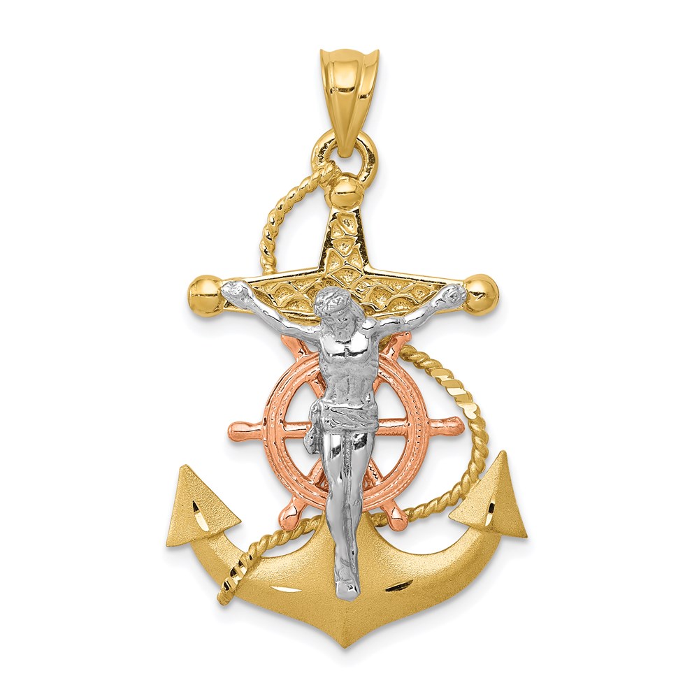 14k Tricolor Mariners Cross Pendant Diamonds by
