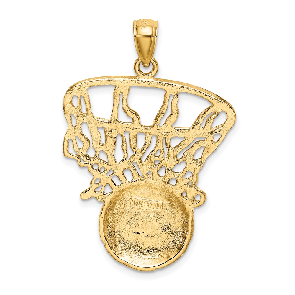 10k Gold Basketball & Net Pendant - Solid Gold Swoosh Charm, 26x16mm, For Women (Chain Not Included)