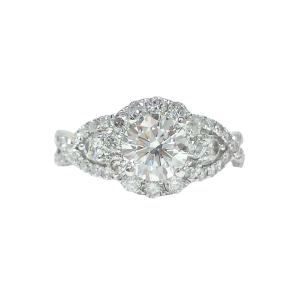 Three Stone Round Cut Lab Diamond Halo Twist with Natural 14k White Gold