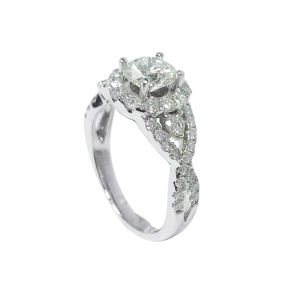 Alternative view of Three Stone Round Cut Lab Diamond Halo Twist with Natural 14k White Gold